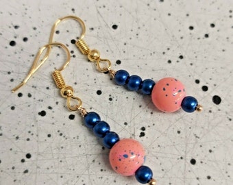 Pink Bead & Blue Faux Pearl Gold Tone Drop Earrings - *NEW*