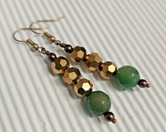 Pretty Gold Crystal & Green Agate Bronze Tone Drop Earrings - *NEW*