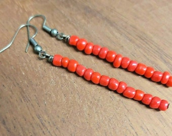 Red Seed Bead Bronze Colour Drop Earrings - *NEW*