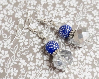 Pretty Silver Crystal & Sparkly Blue Bead Silver Tone Drop Earrings -*NEW*