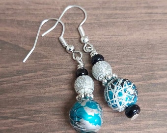 Blue/Black/Silver Bead Silver Tone Drop Earrings -*NEW*