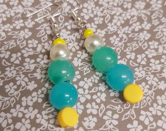 Blue/Green Glass Bead White Faux Pearl & Yellow Bead Drop Earrings -*NEW*