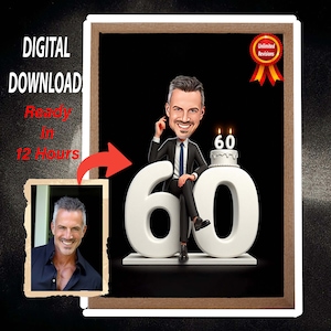 Nueva caricatura de cumpleaños número 60 con temática negra a partir de fotos. Retrato de dibujos animados de feliz cumpleaños. Regalo para cualquier cumpleaños. Marco de caricatura de foto.