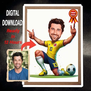 Retrato de caricatura de jugador de fútbol personalizado, dibujo de caricatura de jugador de fútbol personalizado a partir de una foto, regalo divertido de caricatura de jugador de fútbol para él