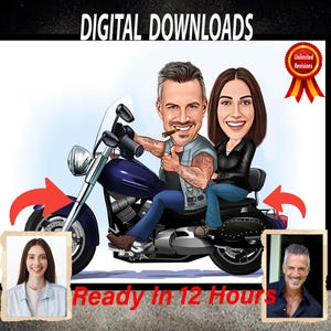 Benutzerdefinierte Motorrad-Karikaturzeichnung Foto, lustige Motorradfahrer-Karikatur, personalisiertes Paar Motorrad-Karikaturportrat, vorhanden Motorrad