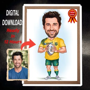 Caricatura personalizzata di un giocatore di rugby - Regalo sportivo umoristico per lui - Ritratto di cartone animato divertente personalizzato