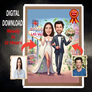 Caricatura personalizada de pareja casada en Las Vegas, caricatura personalizada, caricatura de matrimonio en Las Vegas, caricatura digital, regalo para el día de la boda a partir de una foto