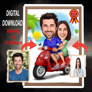Custom Motorcycle Couple Cartoon Portrait, Motorcycle Couple Portrait, Gift for Motorcycle Couple, Motorcycle Couple Caricature Drawing Gift
