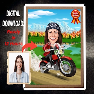 Personalized Woman Biker Cartoon Drawing: Motorcycle Portrait (Digital Download)