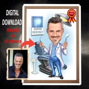 Personalisierte Super Zahnarzt Cartoon Portrait, männliche Zahnarzt Karikatur vom Foto, lustiges Zahnarzt Geschenk, Zahnarzt Karikatur, Geburtstagsgeschenk