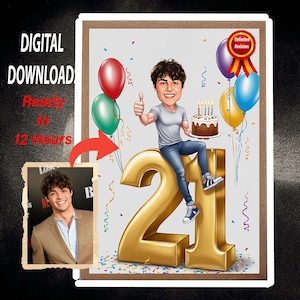 Portrait personnalisé de dessin animé 21e anniversaire, dessin caricature personnalisé joyeux anniversaire, caricature drôle, cadeau pour lui, joyeux 21e anniversaire, 21e, 21e anniversaire