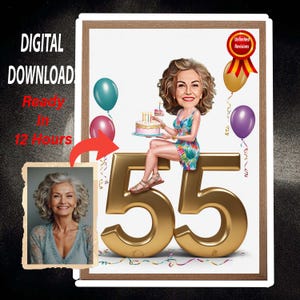 Caricatura personalizada de 55 cumpleaños a partir de fotos, regalo de retrato de dibujos animados de feliz cumpleaños, feliz 55 cumpleaños, caricatura de foto.
