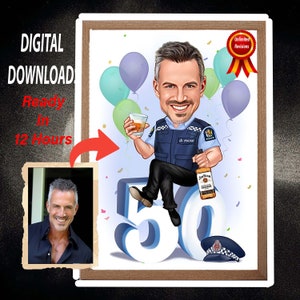 Politieagent 50e verjaardag karikatuur uit foto's, gelukkige verjaardag cartoon portret cadeau, gelukkige 50e verjaardag, kunst aan de muur verjaardag