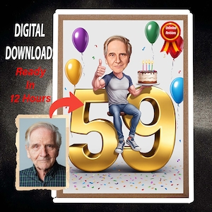 Personalisiertes 59. Mann Cartoon-Porträt, 59. Geburtstag Karikatur, Geburtstags-Karikatur, individuelles Geburtstagsgeschenk, lustiges Geschenk, digitales Geburtstagsauto