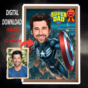 Ritratto di caricatura di cartoni animati per la festa del papà, Super papà, Ritratto di cartone animato di supereroe personalizzato, padre supereroe