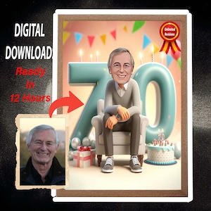 Caricatura personalizada de un día especial para el 70.° cumpleaños. Foto a caricatura. Regalo de cumpleaños personalizado para niños y hombres. Caricatura a partir de una foto.