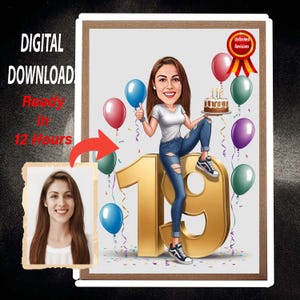 Gepersonaliseerde 19e verjaardag karikatuur van foto's, gelukkige verjaardag cartoon portret cadeau, gelukkige 19e verjaardag, 19e verjaardag cadeaus voor meisjes.