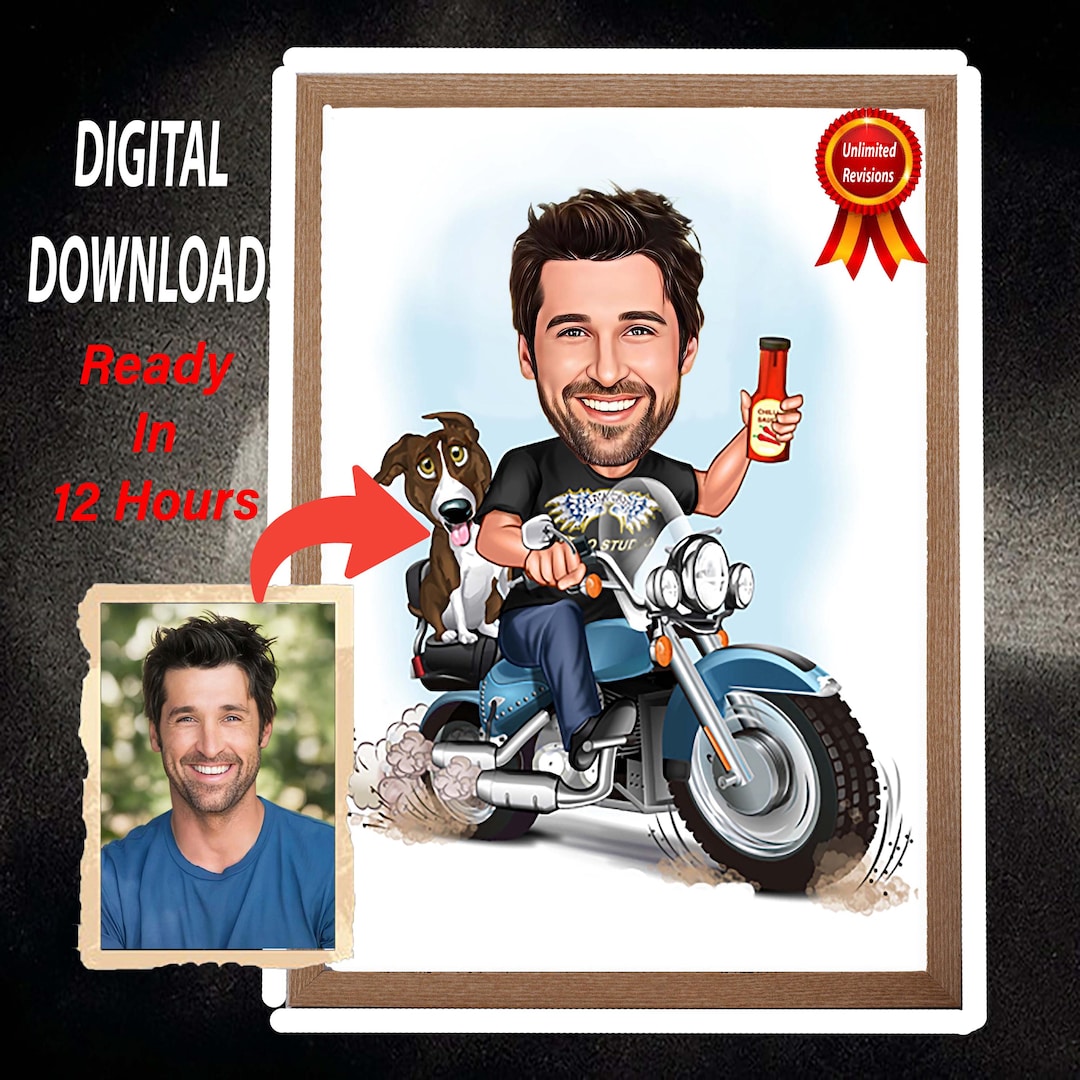 Personalized Caricature, Motorcycle Rider Art, Custom Portrait ...