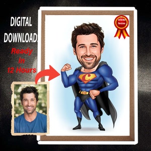 Ritratto personalizzato del fumetto del supereroe, disegno personalizzato della caricatura del supereroe dalla foto, caricatura divertente del supereroe, regalo per lui