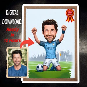 Ritratto di un giocatore di calcio del Manchester City personalizzato, caricatura di un giocatore di calcio personalizzata da foto, regalo divertente per un giocatore di calcio.