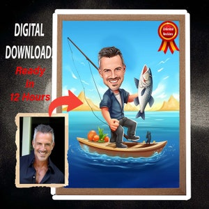 Ritratto caricaturale personalizzato di un pescatore: disegno animato personalizzato (download digitale)