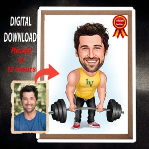 Retrato de desenho animado de fitness personalizado, desenho de caricatura de levantador de peso personalizado a partir de foto, caricatura engraçada de fitness, presente para levantador de peso