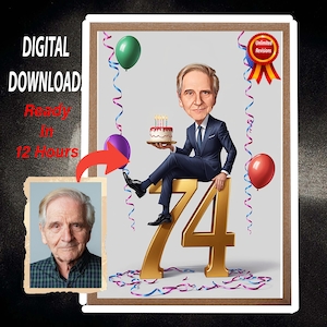 Gepersonaliseerde 74e cartoonportret, aangepaste karikatuurtekening Happy Birthday, grappige karikatuur, cadeau voor hem, Happy 74e 50e, 60e 70e,