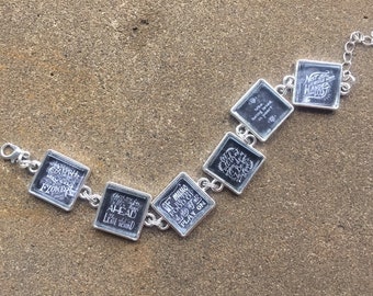 Black & White Chalkboard Hand-lettered LITERARY QUOTES Charm Bracelet FREE U. S. A. Shipping