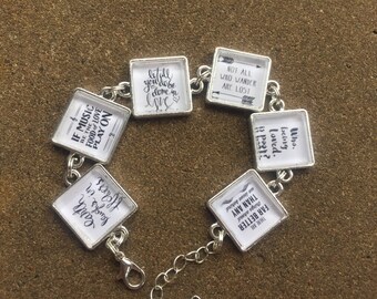 6 Famous Literary Quotes in Black and White Glass Link Bracelet FREE USA SHIPPiNG!