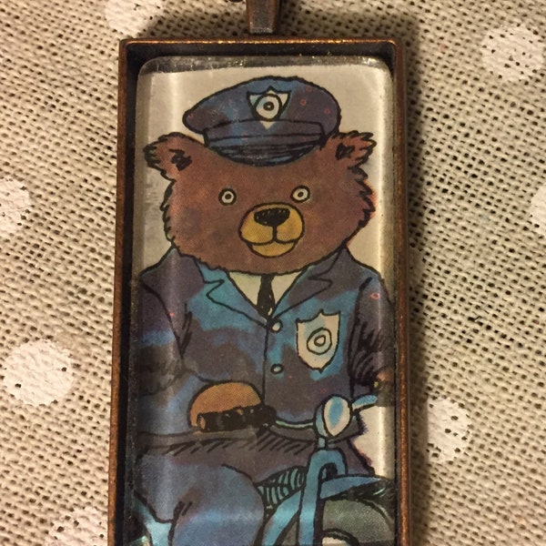 Richard Scarry Policeman Pendant Necklace Golden Book Original OOAK FREE US SHiP