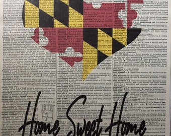 Maryland State Flag HOME Sweet HOME vintage dictionary print. FREE U. S. A. Shipping