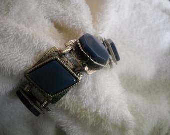 Light Navy Blue and Silver Geometric Spinning Disk Vintage Bracelet