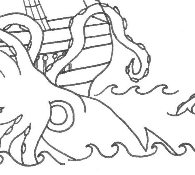 Kraken vs. Ship Hand Embroidery Pattern PDF stitching instructions included image 4