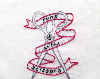 Hand Embroidery Pattern PDF Runs With Scissors - Stitching Instructions Included