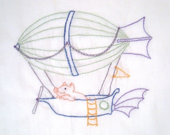 Flying Pig in Zeppelin Airship Hand Embroidery Pattern PDF - stitching instructions included!