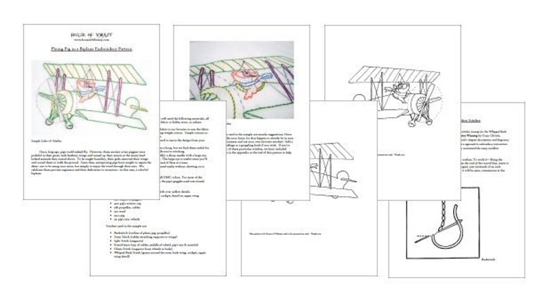 May include: A printable pattern for a vintage airplane embroidery project. The pattern includes a detailed line drawing of the airplane, along with instructions and a list of supplies needed for the project. The instructions include a description of the stitches used in the embroidery.