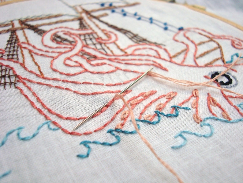 Kraken vs. Ship Hand Embroidery Pattern PDF stitching instructions included image 5