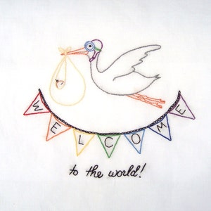 Welcome to the World New Baby Hand Embroidery PDF Pattern with Stork & Bunting stitching instructions included image 1