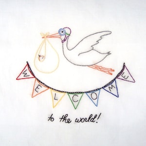 Welcome to the World New Baby Hand Embroidery PDF Pattern with Stork & Bunting stitching instructions included image 1