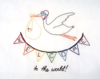 Welcome to the World New Baby Hand Embroidery PDF Pattern with Stork & Bunting - stitching instructions included!