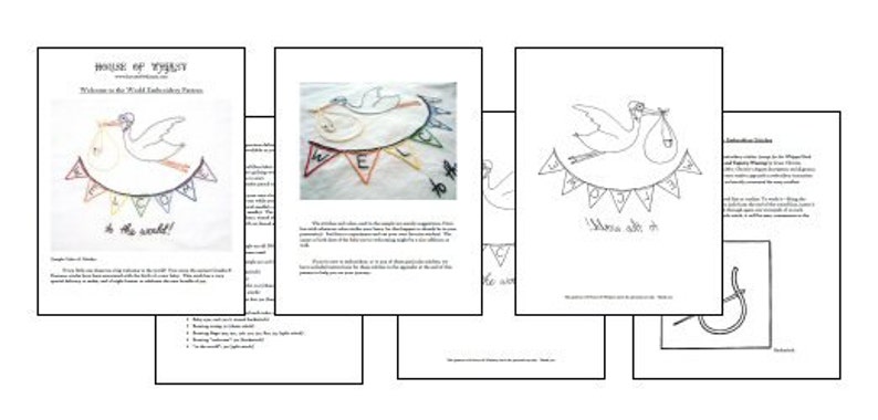 Welcome to the World New Baby Hand Embroidery PDF Pattern with Stork & Bunting stitching instructions included image 3