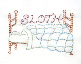 Sloth Comfy Bed Hand Embroidery Pattern PDF: Seven Deadly Sins Collection