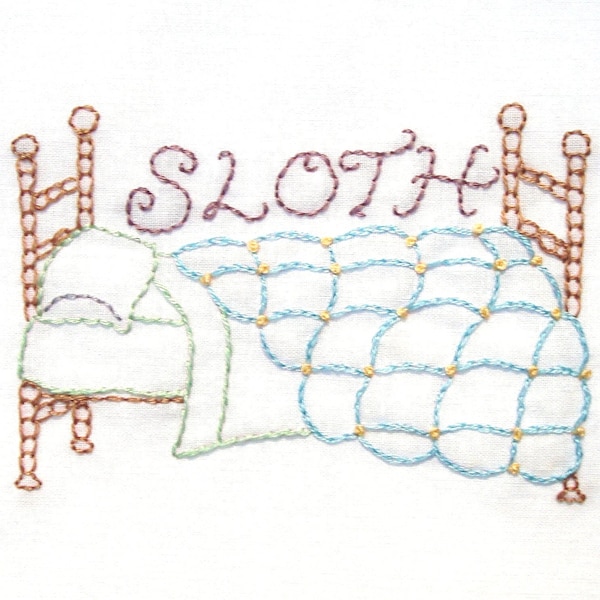 Sloth Comfy Bed Hand Embroidery Pattern PDF: Seven Deadly Sins Collection