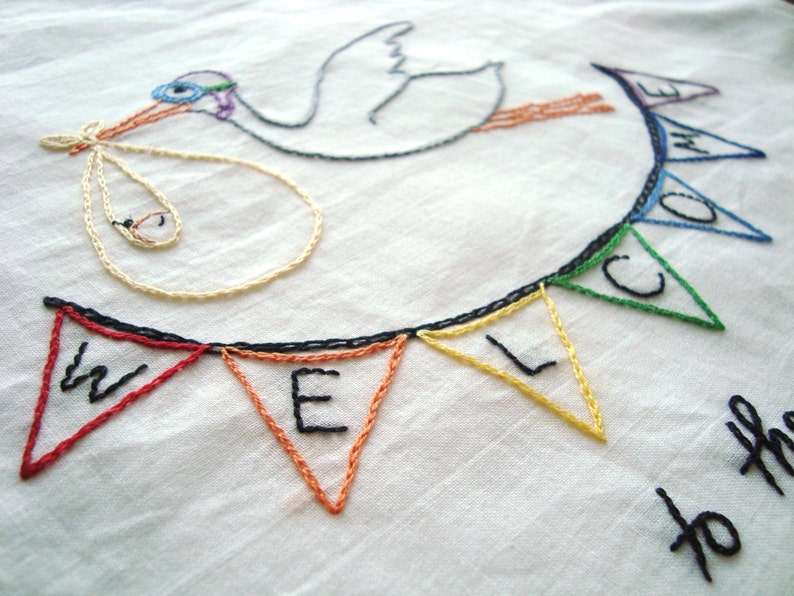 Welcome to the World New Baby Hand Embroidery PDF Pattern with Stork & Bunting stitching instructions included image 2