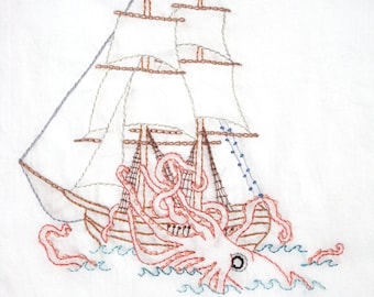 Kraken vs. Ship Hand Embroidery Pattern PDF - stitching instructions included!