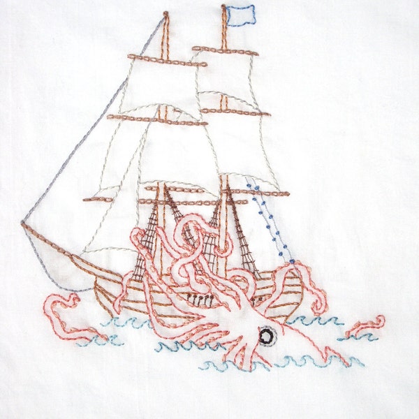 Kraken vs. Ship Hand Embroidery Pattern PDF - stitching instructions included!