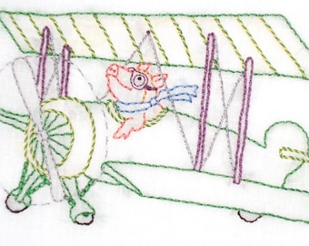 Flying Pig in Biplane Hand Embroidery Pattern PDF