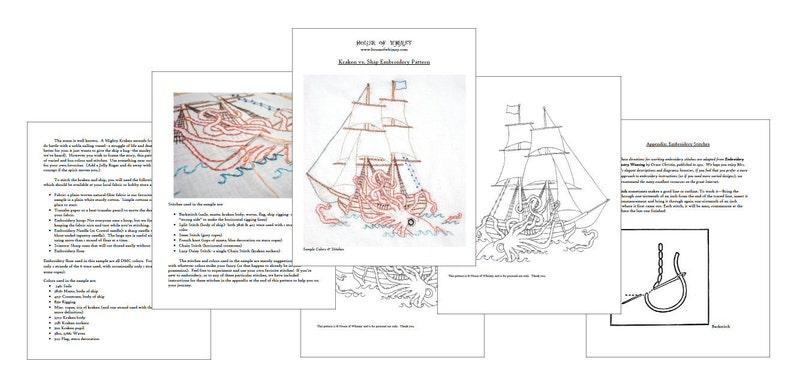 Kraken vs. Ship Hand Embroidery Pattern PDF stitching instructions included image 2