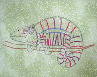 Chameleon Hand Embroidery Pattern PDF - stitching instructions included!