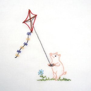 Pig Flying a Kite Hand Embroidery Pattern PDF - stitching instructions included!